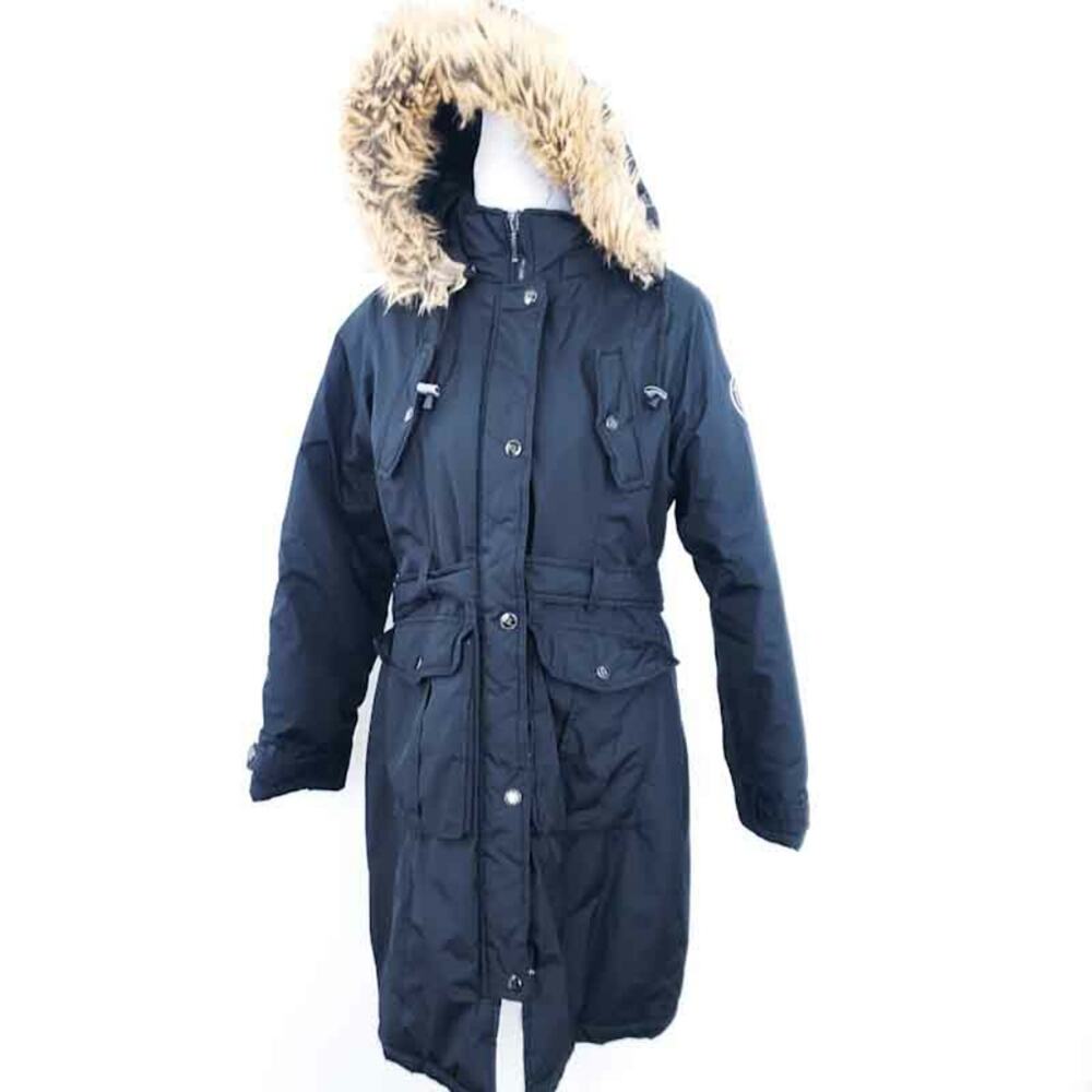 Rocawear Hooded Anorak Puffer Coat Jacket Black Large Women Faux Fur Hood Lining